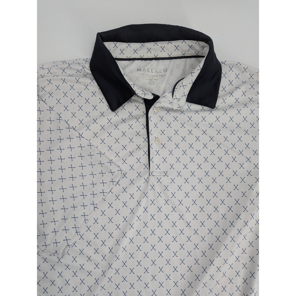 Maelreg Mens Performance Golf Polo Shirt White Navy Crossed Clubs Size Large